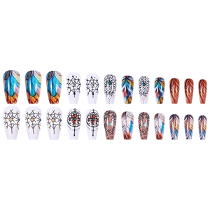 Bohemian style press-on nails featuring colorful feathers and dreamcatcher patterns
