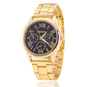Detailed close-up of a gold Geneva business watch with black dial and Roman numerals
