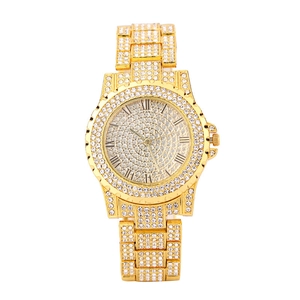 Iced Out Quartz Watch Alloy Full Rhinestones Roman Numerals Round Dial Luxury Hip Hop Fashion Unisex Timepiece