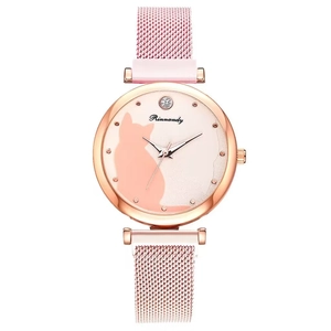 Elegant rose gold watch featuring a cat silhouette dial and magnetic mesh strap