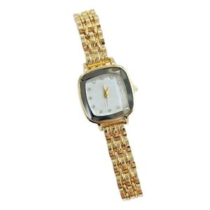Elegant gold square quartz watch for women featuring a sparkling rhinestone-set white dial