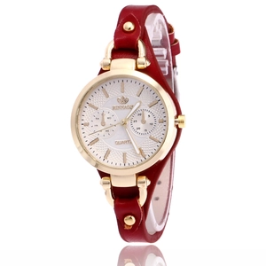 Elegant women's quartz watch with red leather strap, gold alloy case and textured dial