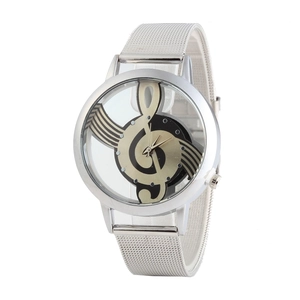 Orologio argento con quadrante a note musicali e cinturino in maglia d'acciaio inossidabile
