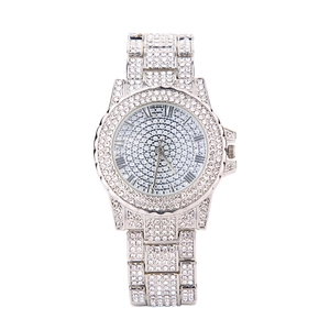 Luxury full rhinestone silver watch with Roman numerals and stainless steel strap