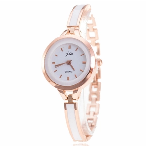 Elegant rose gold women's quartz watch with white ceramic bracelet and minimalist dial