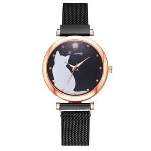 Women's rose gold magnetic watch with a black cat dial and mesh strap design