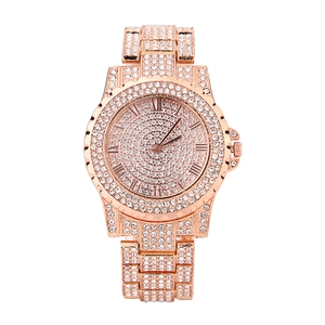 Luxury rose gold quartz watch with full rhinestone inlay and Roman numerals dial