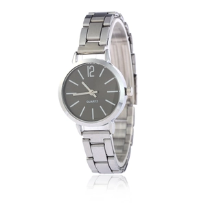 Minimalist quartz watch with silver stainless steel band and dark grey dial with markers