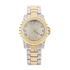 Luxury iced-out men's watch with rhinestones, roman numerals and two-tone steel strap