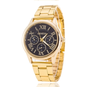 Detail of Geneva business watch with gold metal strap, black dial, and Roman numerals