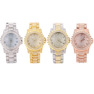 Luxury iced out diamond watches with Roman numerals in gold, silver and rose gold tones