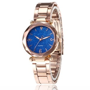 Orologio al quarzo da donna in oro rosa con quadrante cielo stellato blu e vetro sfaccettato