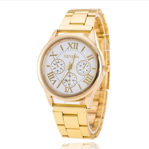 Macro detail of Geneva quartz watch with golden stainless steel strap and Roman numerals dial