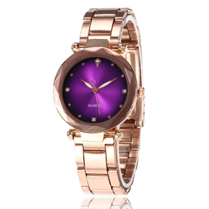 Women Quartz Watch Rose Gold Alloy Strap Starry Sunray Dial Faceted Glass Rhinestone Fashion Elegant Timepiece