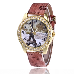 Women's quartz watch with Eiffel Tower dial and rhinestone bezel on snakeskin strap