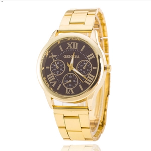 Close-up of Geneva business quartz watch with gold metal strap and Roman numeral dial