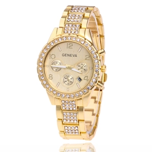 Montre à Quartz De Luxe Pour Femme Avec Bracelet En Alliage Orné De Strass Calendrier De Date Analogique Ronde
