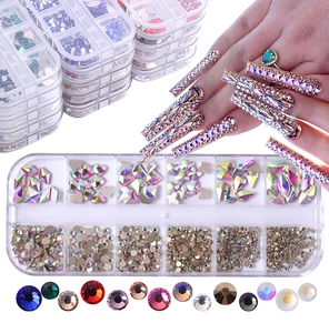 Detail showing 12-slot storage box with assorted mixed shapes and colors of nail art rhinestones