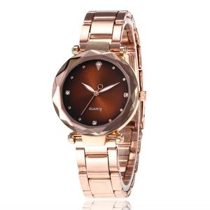 Rose gold quartz watch for women with faceted glass bezel and brown gradient dial