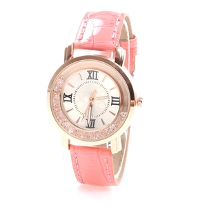 Montre à quartz pour femme avec bracelet en cuir rose et boîtier en or rose