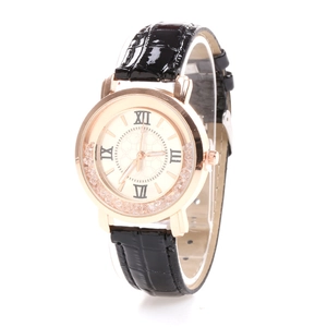 Montre femme tendance avec boîtier or rose, chiffres romains et cadran à cristaux mouvants