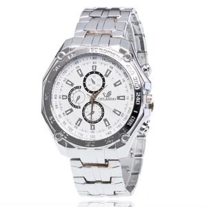Men's silver stainless steel watch with white dial and three-eye chronograph design