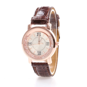 Montre de mode pour femme avec boîtier en cristal or rose et bracelet en cuir marron