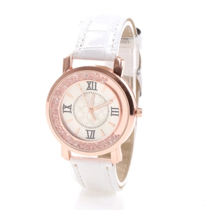 Montre quartz femme mode avec boîtier or rose, cadran strass et bracelet cuir blanc