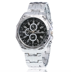 Classic silver steel men's business watch with black three-eye dial and tachymeter