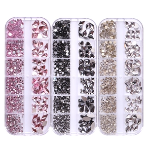 12-grid nail art rhinestones set with mixed shapes and sizes in multi-color boxes