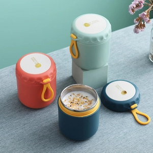 Three colorful 304 stainless steel soup cups with silicone handles and oatmeal display