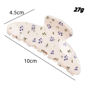 Floral hair claw clip with blue berries and rhinestones, 10cm cream shark clip accessory