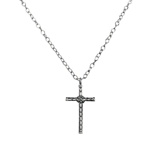 Retro hip hop style silver cross necklace with woven texture pendant on an O-chain