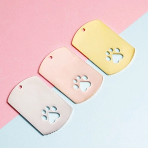 Polished stainless steel dog paw rectangle pendants in silver, gold, and rose gold finishes