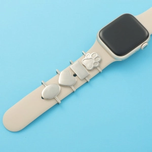 Polished silver alloy decorative charms set for silicone watch bands featuring paw print