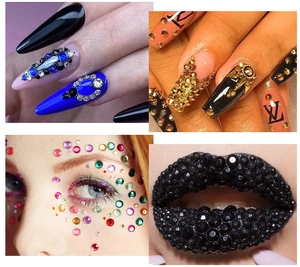 Close-up of sparkling flatback crystals applied to nails and facial makeup for art