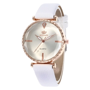 Damen-Quarzuhr mit weißem Lederarmband, roségoldenem Gehäuse und Strass-Details