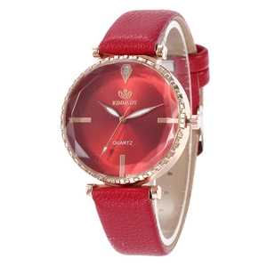 Minimalistische Damen-Quarzuhr mit rotem Lederarmband und Zifferblatt mit Diamantschliff