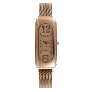 Elegant rose gold rectangular quartz watch with minimalist Milanese mesh steel strap