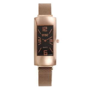 Close-up of women's rose gold Milanese mesh band and rectangular black quartz watch face