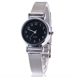 Women Quartz Watch Stainless Steel Mesh Strap Alloy Case Round Dial Minimalist Arabic Numerals Fashion Wristwatch