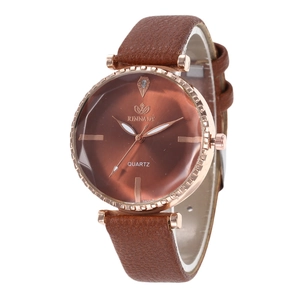 Damen Quarzuhr mit braunem Lederarmband und roségoldenem Zifferblatt mit Strasssteinen