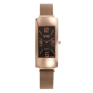 Women's rose gold rectangular quartz watch with black dial and mesh steel band