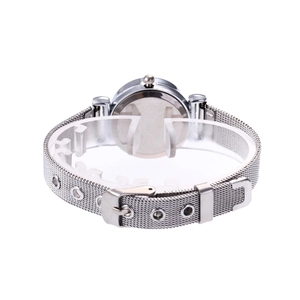 Detail of silver mesh watch strap with adjustable holes and polished round metal case