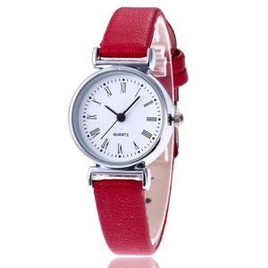 Elegant quartz wristwatch for women with red leather strap and white roman numeral dial