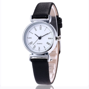 Minimalist women's quartz watch with black leather strap and Roman numerals white dial