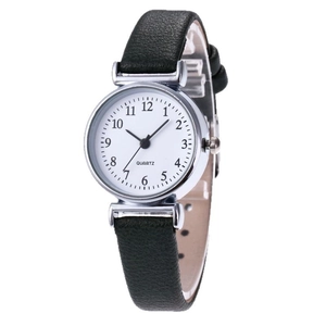 Minimalist quartz watch with black leather strap and white dial featuring numeral markers