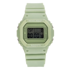 Waterproof digital sports watch in light green with LED light and silicone strap