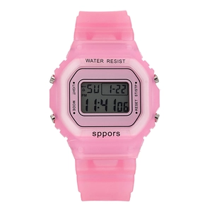 Pink semi-transparent waterproof sports watch with digital LED display and resin strap