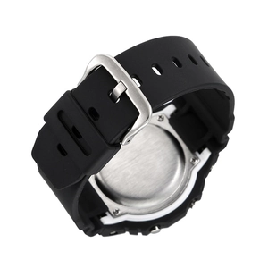 Detailed back view of sports watch featuring stainless steel case and resin strap